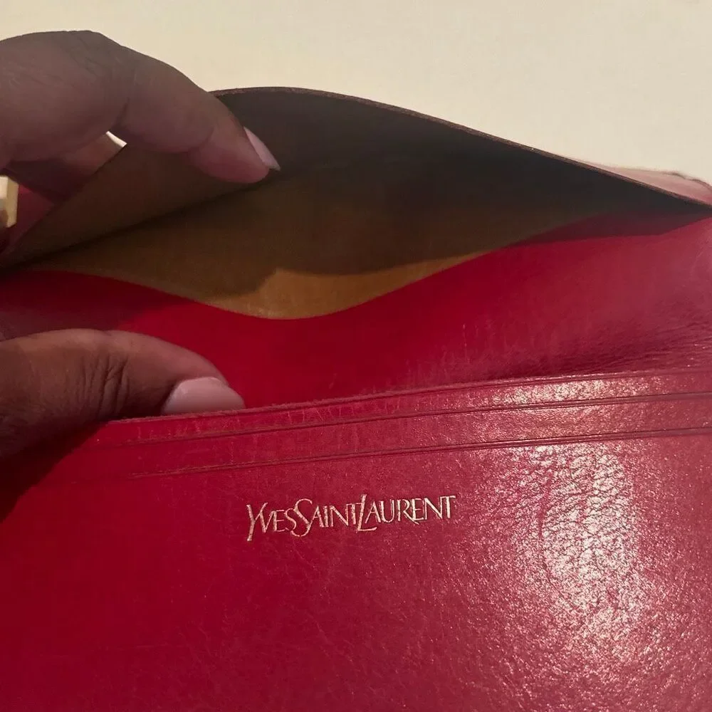 Vintage YSL Bifold Long Wallet Red Leather Gold Accent Sleek Iconic Bold Luxury